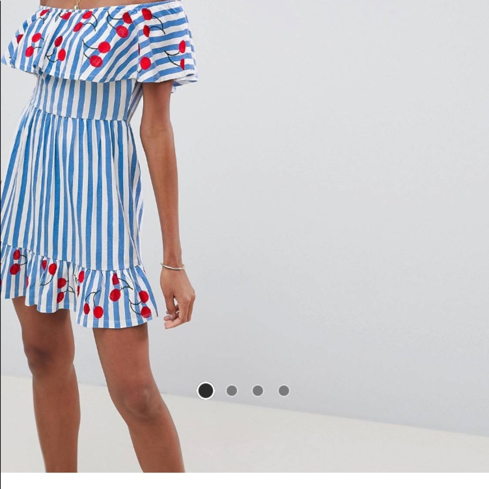 Red white and blue cherry print / stripe off the shoulder dress